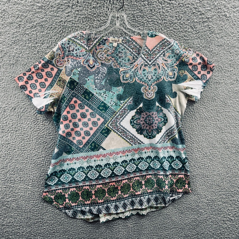 One World Womens Boho Top 3X Paisley Patchwork Artsy Statement Embellished Flowy